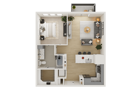 A top-down view of a small apartment with a kitchen, living room, and bedroom.